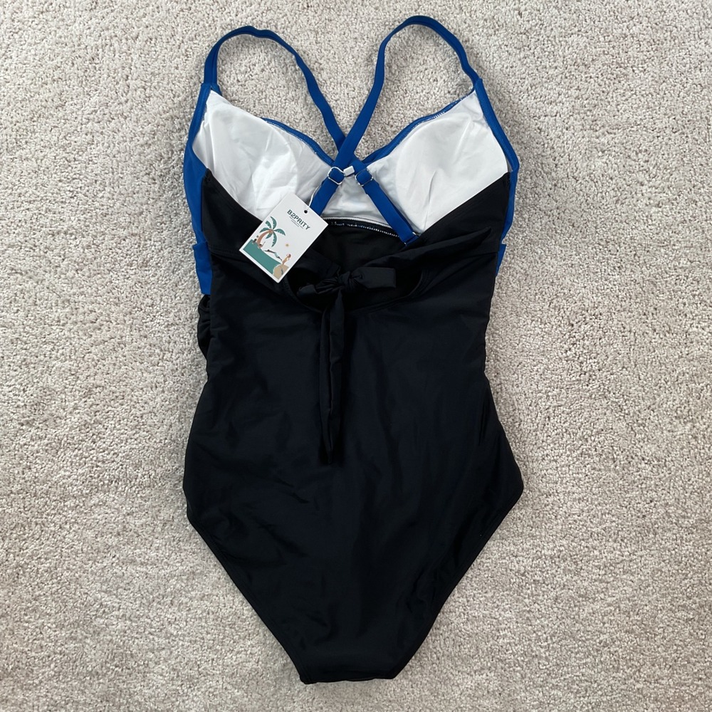 B2PRITY Womens One Piece Swimsuit Blue Black Ruched Size M NEW - Picture 4 of 7